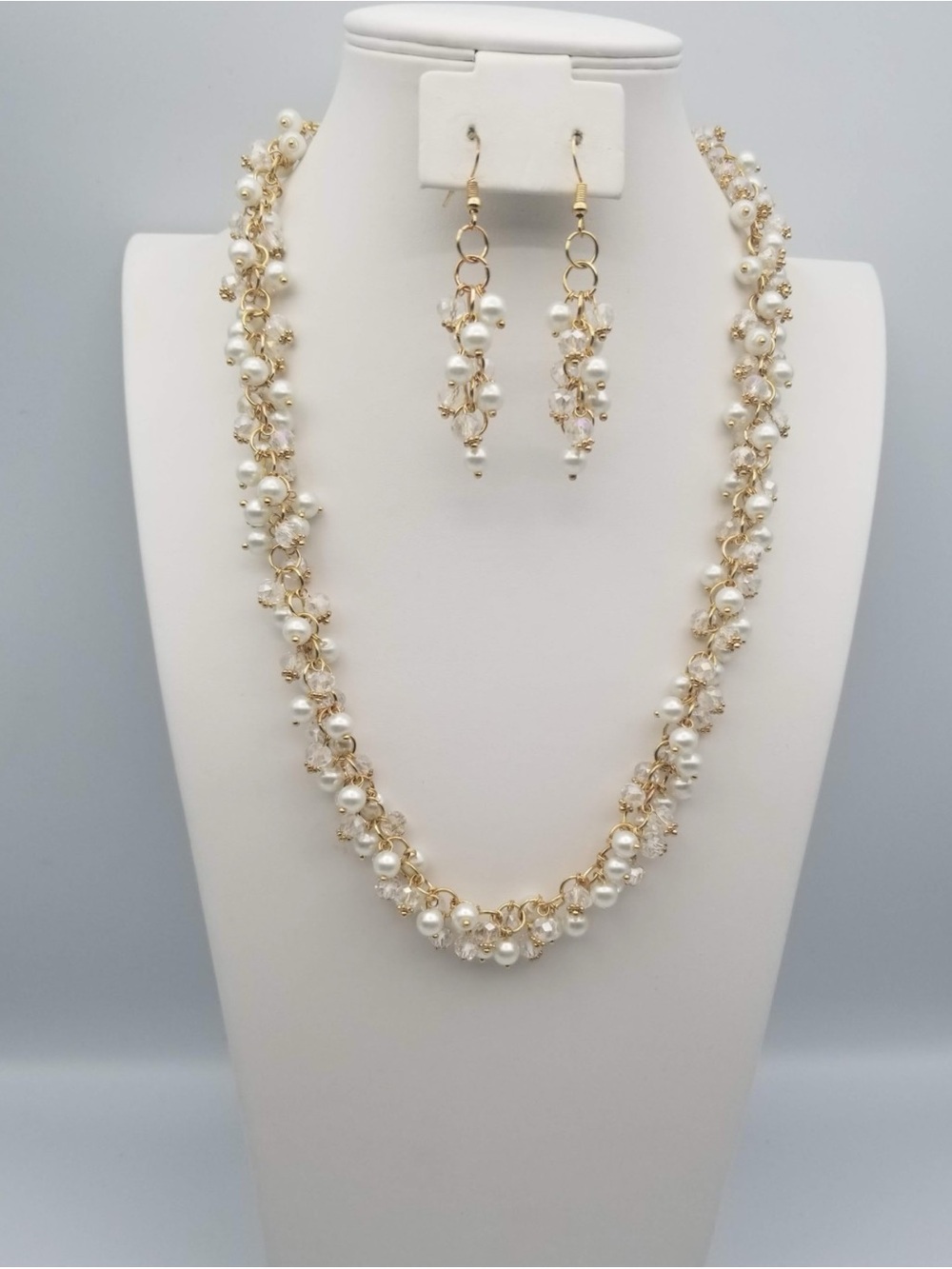 Gold and White Pearl Cluster Necklace & Earrings Set